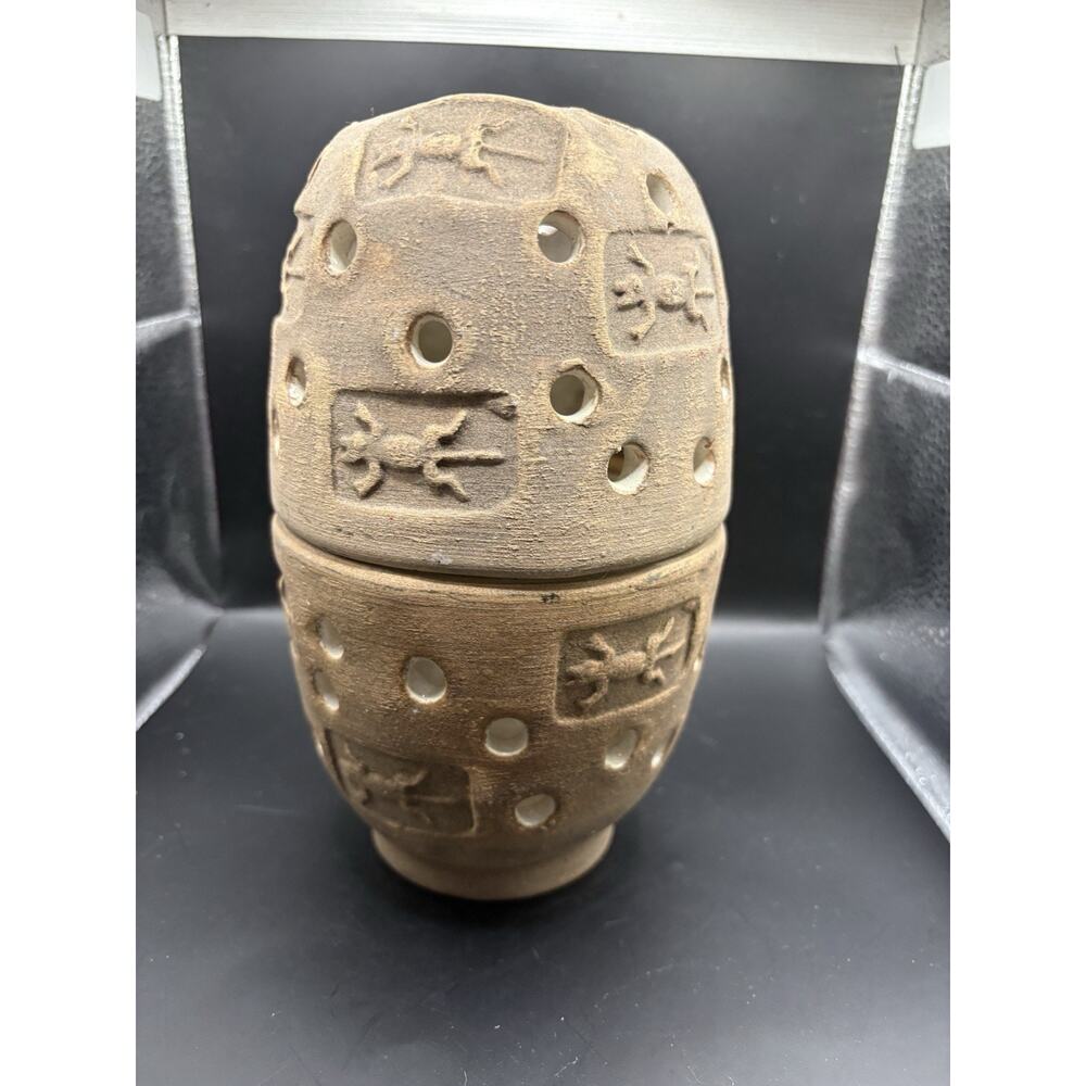 Terra Cotta Southwestern Style Decorative Cylinder- Candle Holder Lizards 8x4